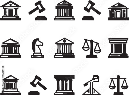 Law and justice vector icons: court, gavel, scales, legal symbols eps silhouette