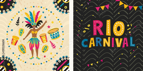 Colorful illustrations depicting a carnival dancer and rio carnival text