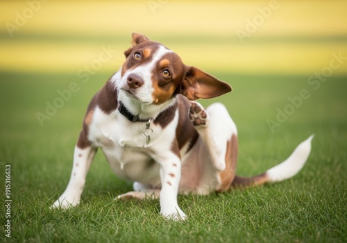Cute brown white dog scratching ear on green grass