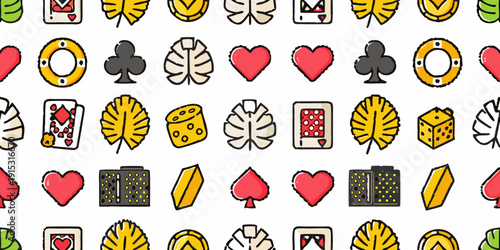 Colorful pattern of casino and tropical themed icons on white