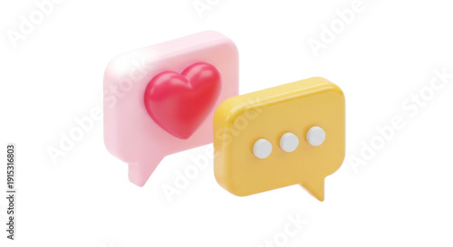 Two 3D chat bubbles: a pink one with a red heart and a yellow one with three white dots, symbolizing love and communication. The tone is playful.