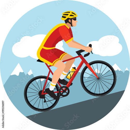 Cyclist with helmet and sunglasses riding a bicycle in cycling shorts and jersey climbing a mountain pass. Red and yellow flat design. Hand drawn vector illustration.