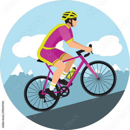 Cyclist with helmet and sunglasses riding a bicycle in cycling shorts and jersey climbing a mountain pass. Purple and acid green  flat design. Hand drawn vector illustration.