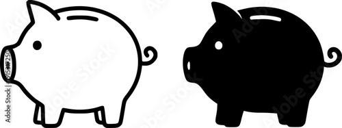 Business and finance icon, vector illustration of piggy bank, black and white in outline and silhouette design style
