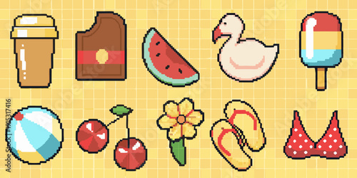 Colorful summer icons including drinks fruit and beach accessories