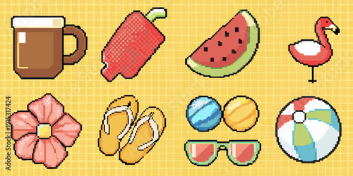 Pixelated summer icons featuring drinks fruit and beach accessories
