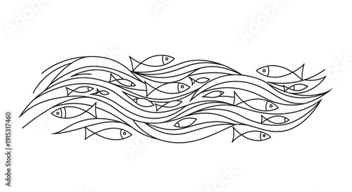 Stylized black and white line art illustration depicting a school of fish swimming in wavy water patterns.