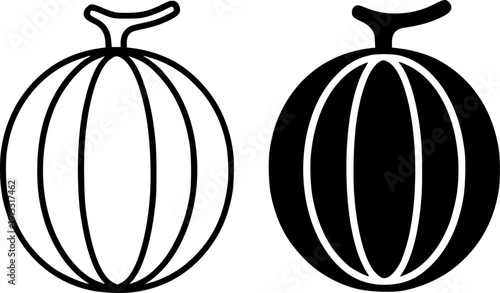 Fruit icon, minimalist vector illustration of watermelon, black and white in outline and silhouette design style