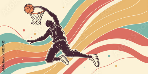 Basketball player dunking ball into hoop with colorful swirling background