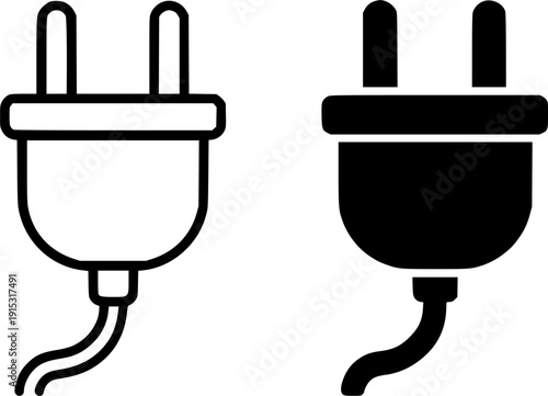 Icon, vector illustration of minimalist power plug, black and white in outline and silhouette design style