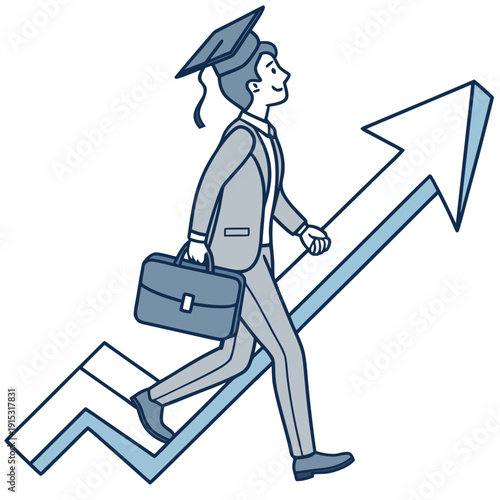 Business graduate climbing up arrow wearing cap and carrying briefcase