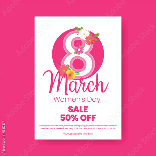 8 March Women’s Day Celebration and Sale Discount Leaflet Template, A4 Print-Ready Flyer Poster Design with Floral Number Eight Background Illustration and Promotional Brochure Cover