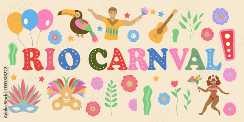 A colorful illustration depicting elements of the rio carnival celebration