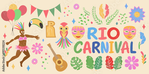 A vibrant illustration depicting a rio carnival celebration with dancers and tropical elements
