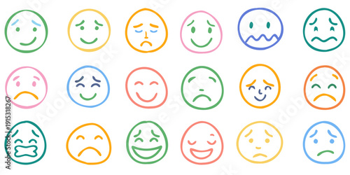 Colorful set of hand drawn smiley faces displaying various emotions on black