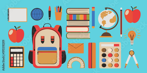 School supplies and learning icons arranged in a colorful flat lay