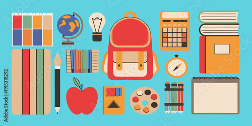 Colorful flat lay illustration of school supplies and educational objects