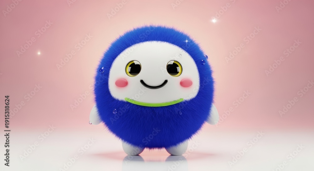 Obraz premium Cute fuzzy blue character with happy smile on pink background