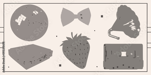 A collection of grayscale silhouettes depicting various objects and food items