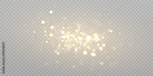 Abstract golden bokeh background with glowing sparkles and glittering light particles isolated on transparent background.