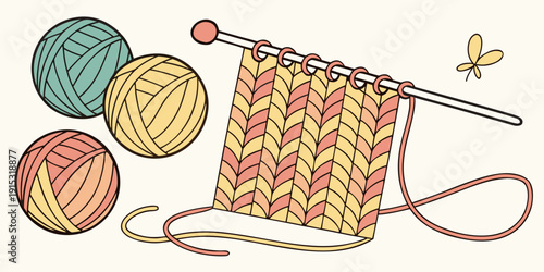 Handmade knitting pattern with yarn balls and needles on cream background 1