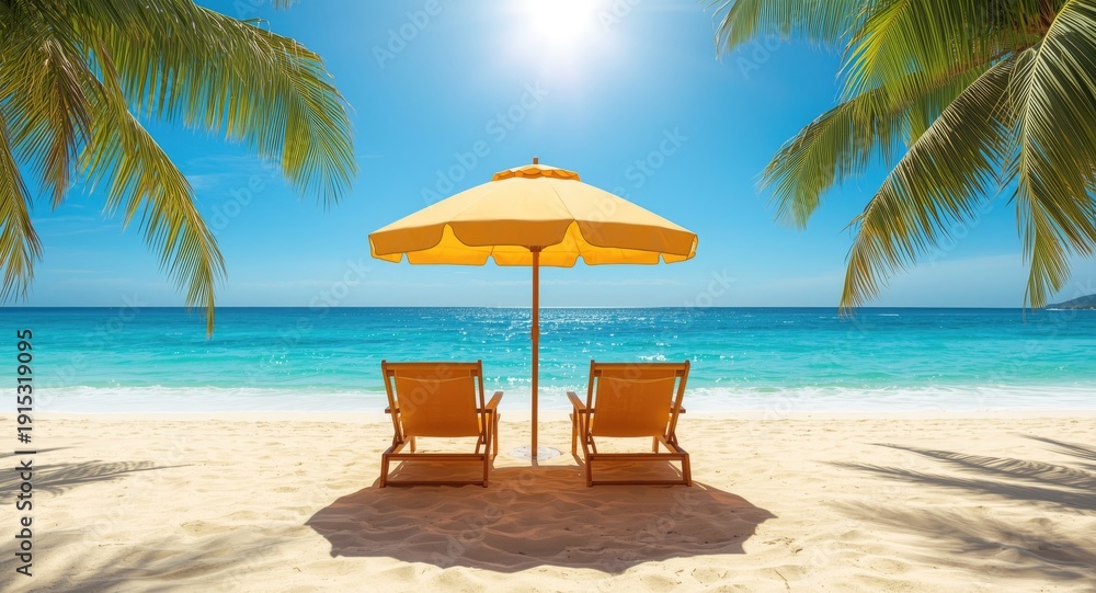 Fototapeta premium Serene oceanfront view with chairs and umbrella in a tropical locale