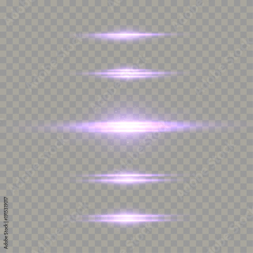 Bright horizontal purple flashes of light, glowing neon rays and vivid glare effects isolated on a transparent background.