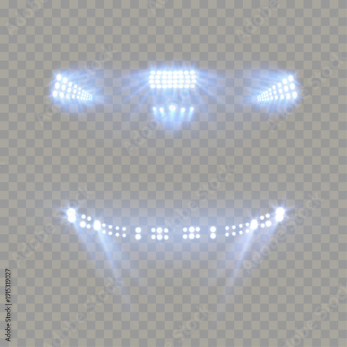 Set of stadium lights, bright glowing floodlights and arena spotlights isolated on transparent background.