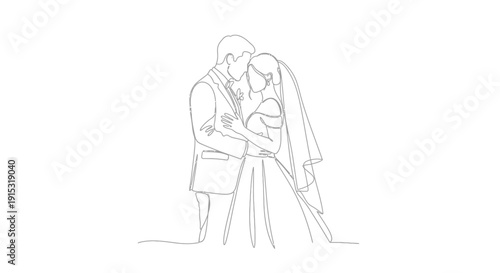 Continuous line art drawing of a bride and groom embracing, symbolizing love and union.