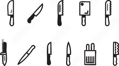 Knife set vector illustration: kitchen knives, chef knives, butcher knife graphics eps silhouette