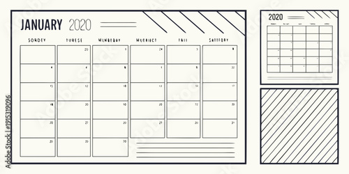 Minimalist january 2020 calendar template with blank grid layout
