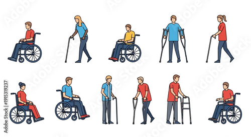 Diverse group of people with disabilities using various mobility aids like wheelchairs, canes, crutches, and walkers.