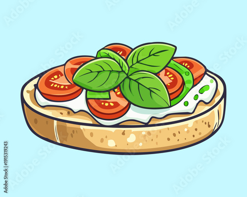 Delicious Bruschetta Appetizer With Creamy Cheese And Sliced Tomato Garnish On Crunchy Toast - Vector Illustration