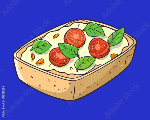 Crusty Italian Bruschetta With Sliced Tomatoes And Fresh Basil Leaves On Blue Serving Tray - Vector Illustration