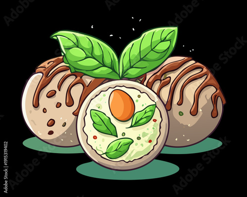 Gourmet Fried Meatballs Garnished With Fresh Basil Leaves On Modern Black Table Plate - Vector Illustration