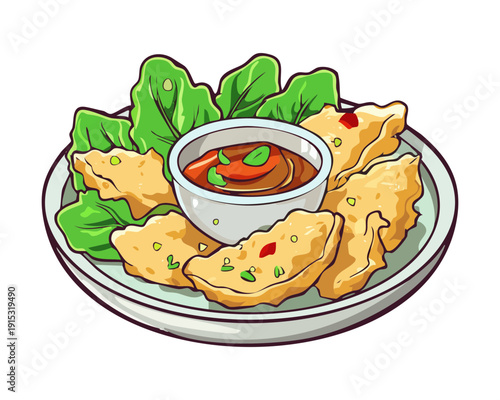 Golden Fried Chicken Nuggets With Spicy Dipping Sauce And Fresh Herb Garnish On Plate - Vector Illustration