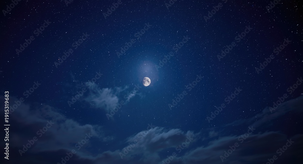 Fototapeta premium Moonlit night sky with sparkling stars and soft clouds Halloween background