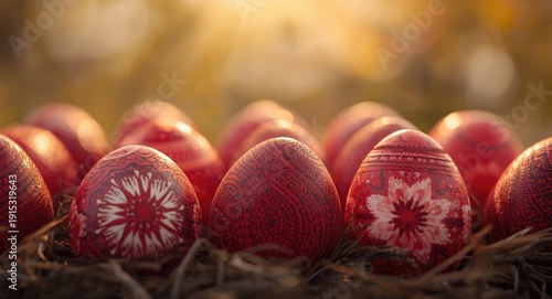 Red Easter eggs closely pos...