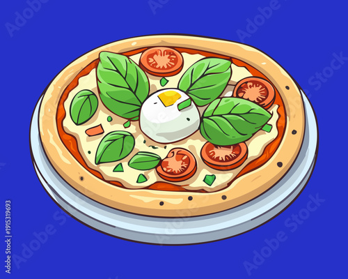Fresh Italian Pizza With Mozzarella Tomato And Basil Leaves Served On Blue Round Plate - Vector Illustration