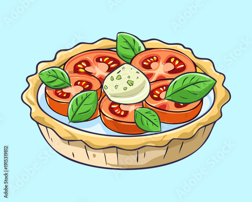 Fresh Tomato And Mozzarella Tart With Basil Garnish On A Delicious Buttery Pastry Crust - Vector Illustration