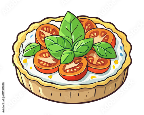 Tasty Homemade Tomato Tart With Fresh Basil Leaves And Melted Cheese On Crispy Crust - Vector Illustration