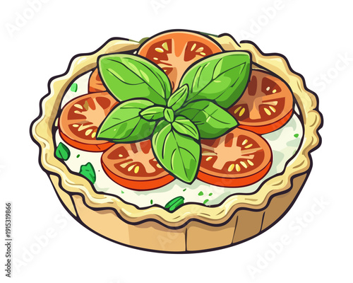 Gourmet Vegetable Quiche With Sliced Tomatoes Herbs And Mozzarella Cheese In Golden Pastry Shell - Vector Illustration
