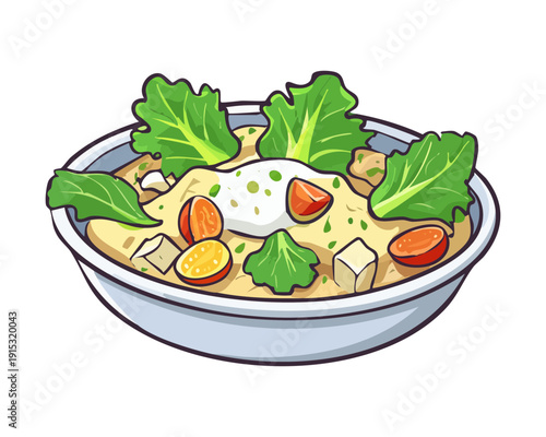 Healthy Green Salad With Boiled Egg Slices And Herb Dressing In Ceramic Serving Bowl - Vector Illustration