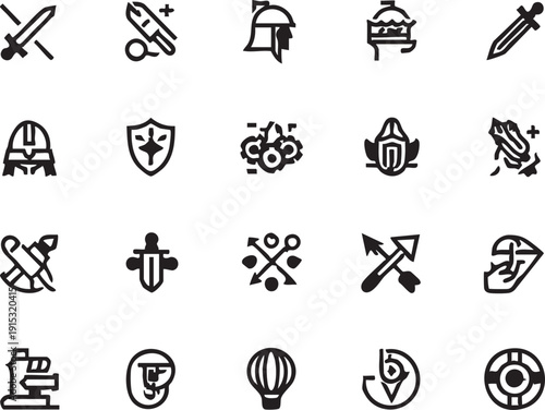 Fantasy game icons vector set: swords, shields, helmets, and more - downloadable graphics eps silhouette