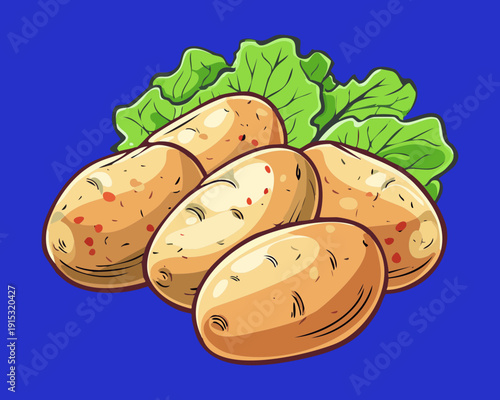 Pile Of Fresh Raw Potatoes With Green Herb Leaves For Healthy Cooking And Meal Preparation - Vector Illustration