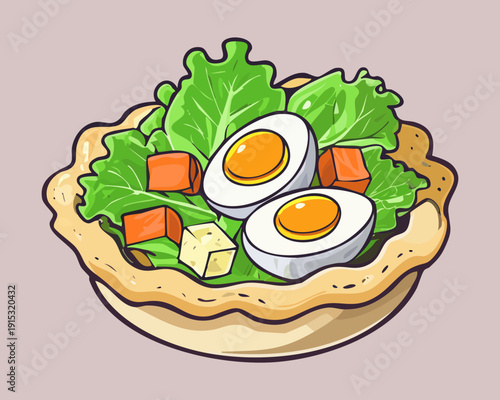 Savory Egg Tart With Mixed Vegetables And Fresh Lettuce For Healthy Breakfast Or Brunch - Vector Illustration
