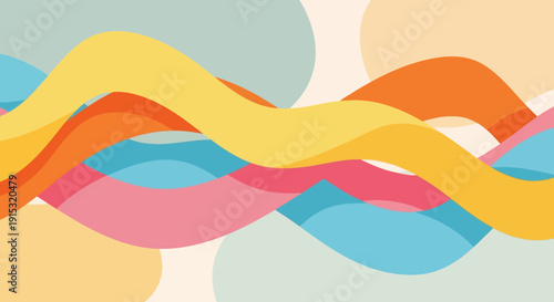 Abstract colorful wavy lines and shapes on pastel background.