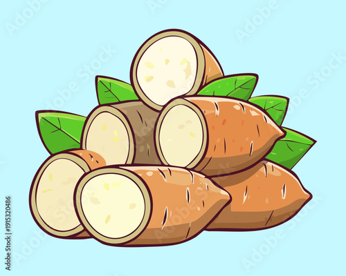 Pile Of Fresh Raw Cassava Roots For Traditional Cooking Ingredient And Healthy Starch Source - Vector Illustration