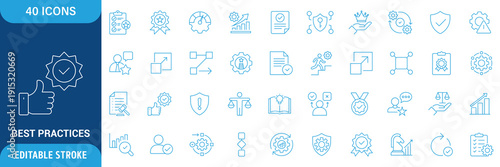 Best practices icon set. Containing workflow, guidelines, performance, standards, protocols, procedures, methodology. editable Icon set