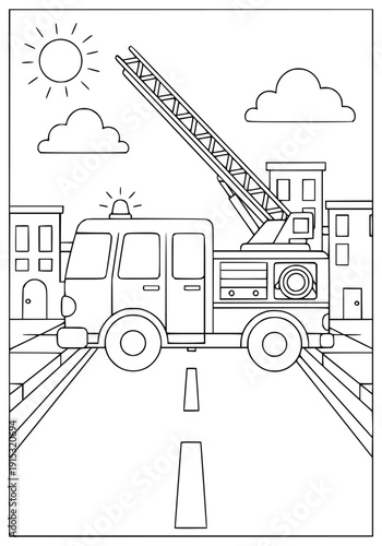 Firefighter truck drives past palm trees in this urban city coloring page
